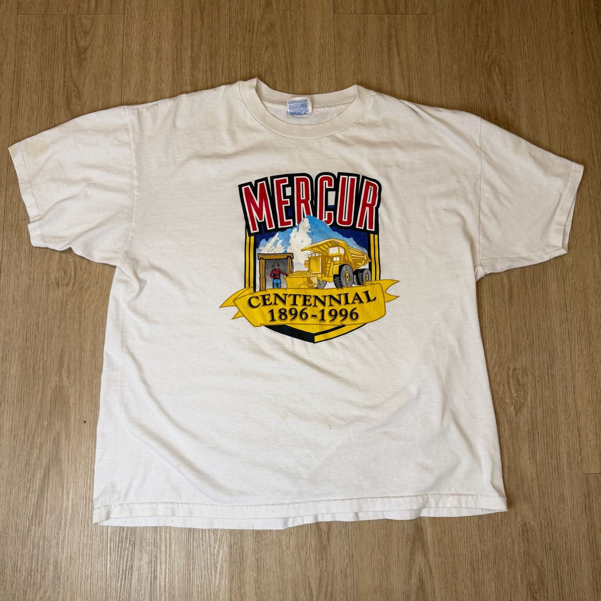 Vintage 1996 Mercur Centennial Mining Graphic T-Shirt White Adult Xl